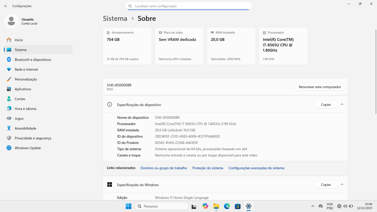 Notebook Lenovo S145 i7 16GB RAM 256GB Nvme + 512GB SSD